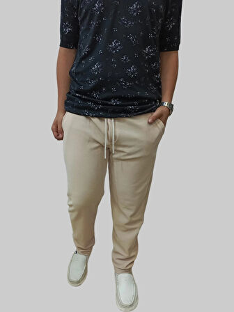 Erkek Beli Lastikli Bağcıklı Çakıl Taşlı Sahte Patlı Krem Jogger Pantolon