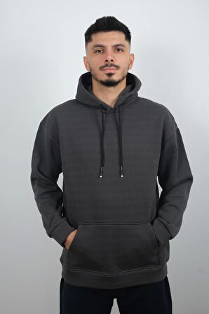 Erkek Kapüşonlu ve Önden Cepli Düz Polar Sweatshirt Haki