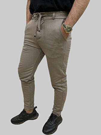 Erkek Runner Jogger Düğmeli Fermuarlı Bağcıklı Kahve Köpüğü Kargo Pantolon