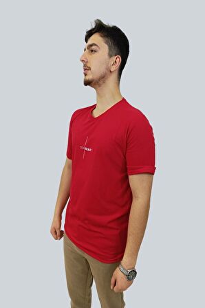Erkek Contrast V Yaka Kırmızı Tişört