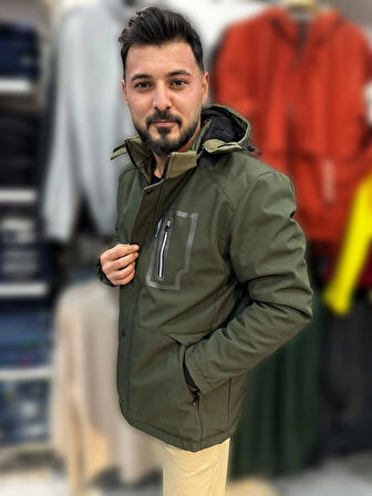 Erkek Outdoor Su ve Rüzgar Geçirmez İçi Kürk Detaylı Haki Softshell Kaban&Mont