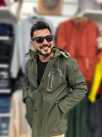 Erkek Outdoor Su ve Rüzgar Geçirmez İçi Kürk Detaylı Haki Softshell Kaban&Mont