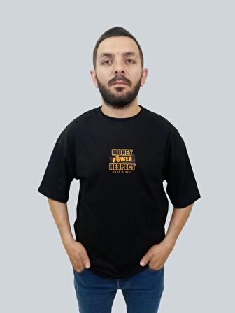 Erkek Respect Oversize Bisiklet Yaka Siyah Tişört