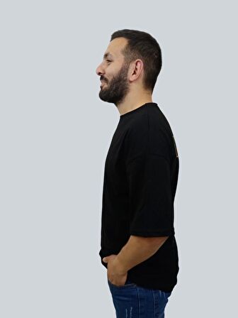 Erkek Respect Oversize Bisiklet Yaka Siyah Tişört