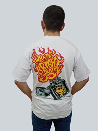 Erkek Burning Oversize Bisiklet Yaka Beyaz Tişört