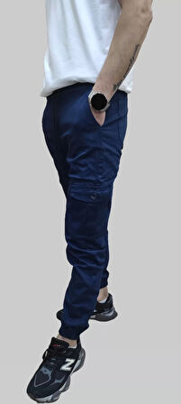 Erkek Jogger Beli ve Paçası Lastikli Keten İndigo Kargo Pantolon