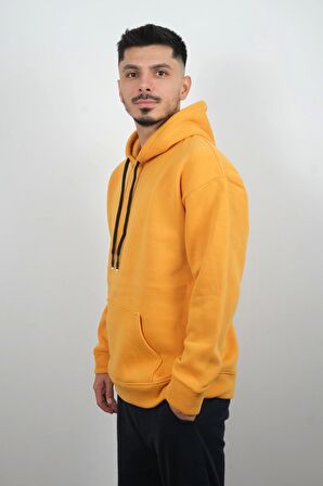 Erkek Kapüşonlu ve Önden Cepli Düz Polar Sweatshirt Sarı