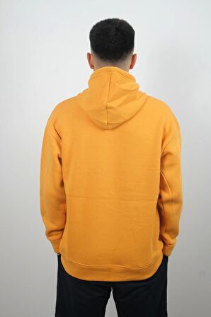 Erkek Kapüşonlu ve Önden Cepli Düz Polar Sweatshirt Sarı