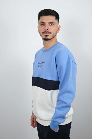 Erkek Sıfır Yaka Çizgili Polar Sweatshirt Story Mavi