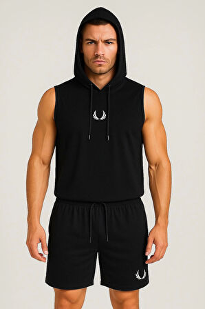 Erkek Lette Kapüşonlu Armalı Esnek Kolsuz Siyah Şortlu Takım