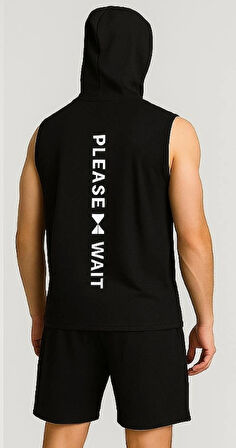 Erkek Lette Kapüşonlu Armalı Esnek Kolsuz Siyah Şortlu Takım