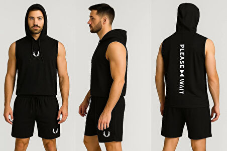 Erkek Lette Kapüşonlu Armalı Esnek Kolsuz Siyah Şortlu Takım