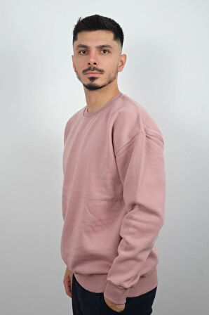 Erkek Sıfır Yaka Düz Polar Sweatshirt Pudra Pembe