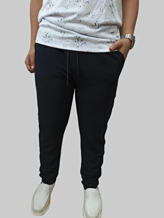 Erkek Beli Lastikli Bağcıklı Çakıl Taşlı Sahte Patlı Siyah Jogger Pantolon
