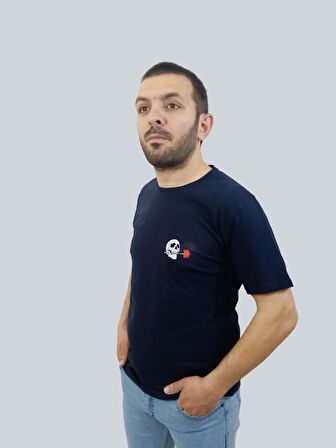 Erkek Skull Sıfır Yaka Basic Lacivert Tişört