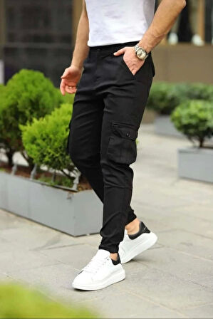 Erkek Körüklü Cep Ve Paça Ribana Detaylı Siyah Keten Kargo Pantolon