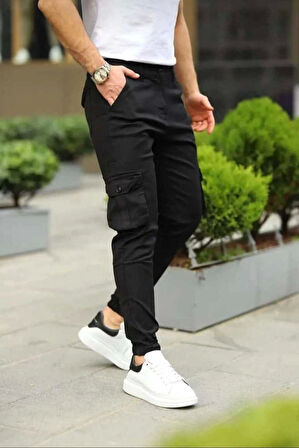 Erkek Körüklü Cep Ve Paça Ribana Detaylı Siyah Keten Kargo Pantolon