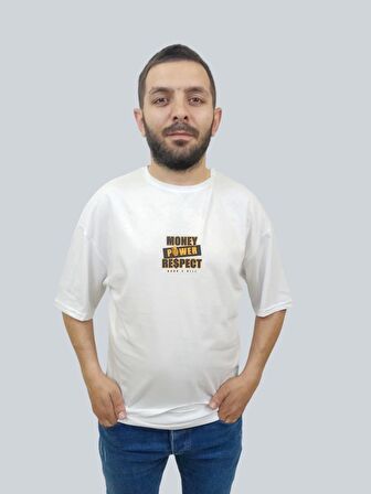 Erkek Respect Oversize Bisiklet Yaka Beyaz Tişört
