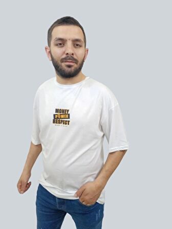 Erkek Respect Oversize Bisiklet Yaka Beyaz Tişört