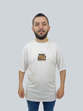 Erkek Respect Oversize Bisiklet Yaka Beyaz Tişört