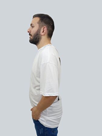 Erkek Respect Oversize Bisiklet Yaka Beyaz Tişört