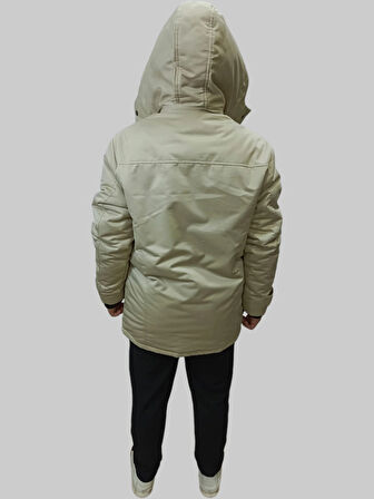 Erkek Kışlık İçi Kürklü Sabit Kapüşonlu Krem Kaban Parka