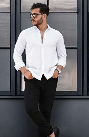 Erkek Müslin Kumaş Uzun Kol Yakalı Beyaz Gömlek