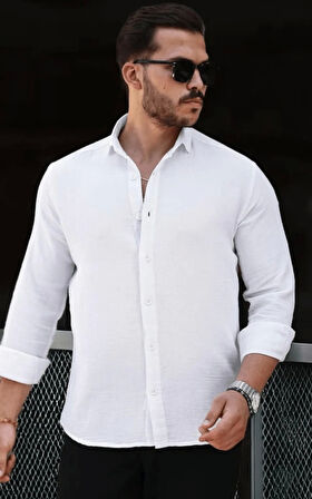 Erkek Müslin Kumaş Uzun Kol Yakalı Beyaz Gömlek