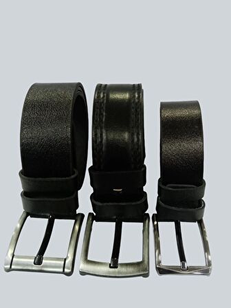 Erkek Leather 3.5 Ve 4.5 Cm 3'Lü Set Siyah Kemer