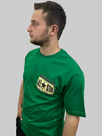 Erkek Brooklyn Yuvarlak Yaka Arka Baskılı Oversize Yeşil Tişört