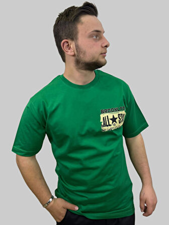 Erkek Brooklyn Yuvarlak Yaka Arka Baskılı Oversize Yeşil Tişört