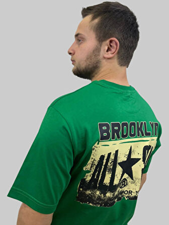 Erkek Brooklyn Yuvarlak Yaka Arka Baskılı Oversize Yeşil Tişört