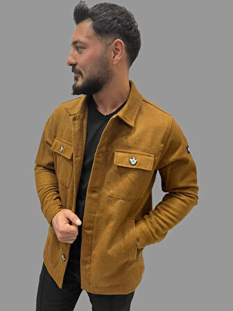 Erkek Cep Detaylı Kışlık Taba Kaşe Gömlek