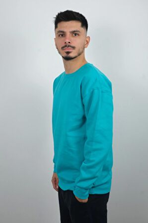 Erkek Sıfır Yaka Düz Polar Sweatshirt Turkuaz