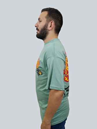 Erkek Burning Oversize Bisiklet Yaka Mint Yeşili Tişört