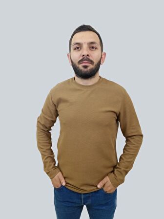 Erkek Waffle Uzun Kol Açık Kahve Sweatshirt