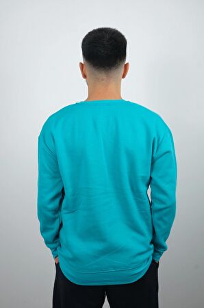 Erkek Sıfır Yaka Düz Polar Sweatshirt Turkuaz