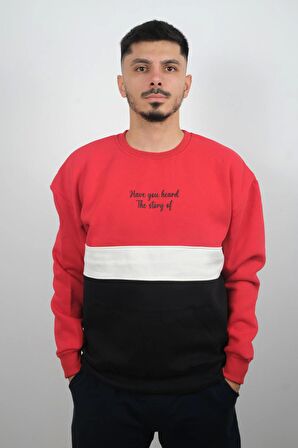 Erkek Sıfır Yaka Çizgili Polar Sweatshirt Story Kırmızı