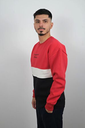 Erkek Sıfır Yaka Çizgili Polar Sweatshirt Story Kırmızı