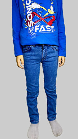 Erkek Çocuk Denim Tırtıklı Mavi Ligralı Kot Pantolon