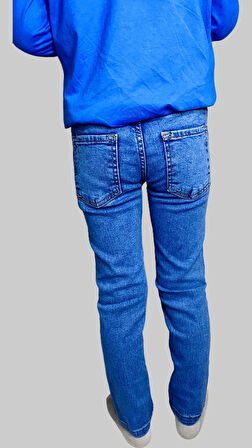 Erkek Çocuk Denim Tırtıklı Mavi Ligralı Kot Pantolon