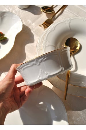 30 Parça Porselen Yemek Takımı Yaldızlı Kırık Beyaz Yemek Seti -Bella
