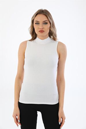 Kadın Viscon Kolsuz Tişört-Beyaz