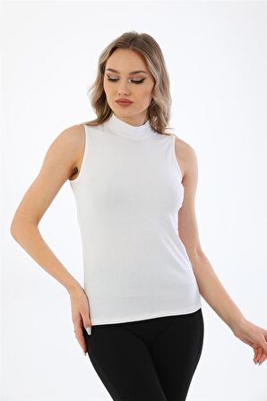 Kadın Viscon Kolsuz Tişört-Beyaz
