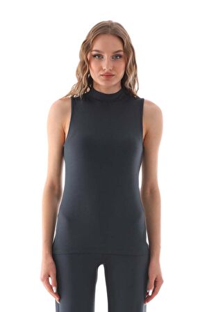 Kadın Viscon Kolsuz Tişört-Füme