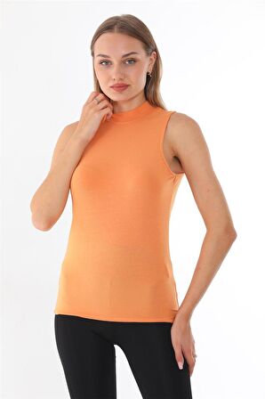 Kadın Viscon Kolsuz Tişört-Muskmelon Oranj