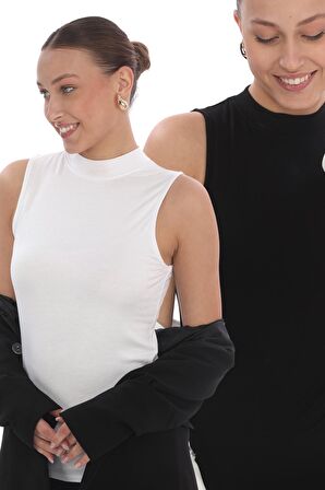 Kadın Viscon Kolsuz Siyah Beyaz 2'li Tişort -Siyah-Beyaz