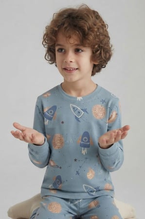 Erkek Çocuk Uzaylı-Basketli Baskılı Pamuklu Pijama Takım TKM1030