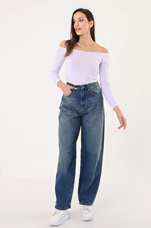 Kadın Lacivert  Yüksel Bel Soluk Efektli Baggy Jeans