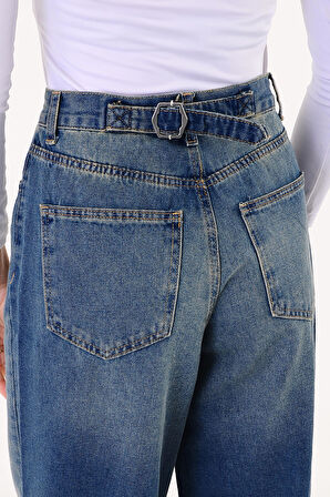 Kadın Lacivert  Yüksel Bel Soluk Efektli Baggy Jeans